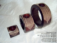 Circular design mango wood candle holders, three piece set, brown, with hand carved design motifs in horizontal tapered stripes, CANDM-ROC103 - manufacturer, exporter, wholesale directly from Thailand, JediCreations