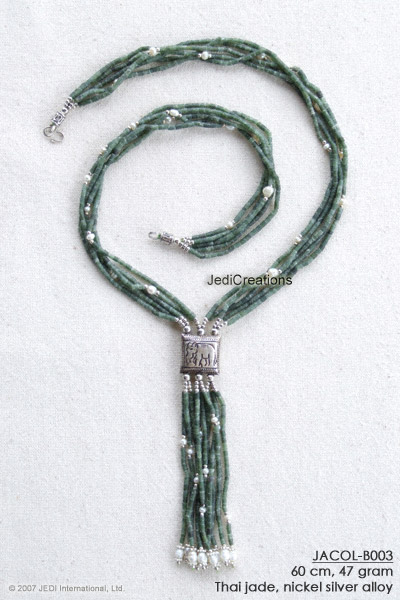Handmade jade necklace collier JACOL-B003 with elephant square pendant and tassels, exporter wholesale directly from northern Thailand